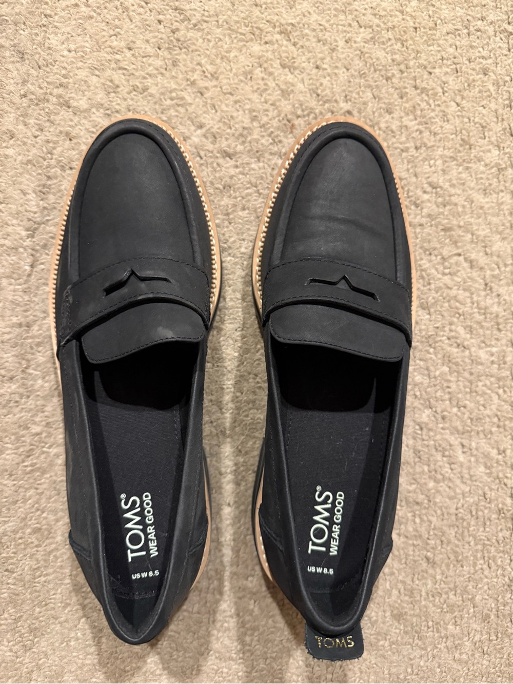 TOMS Black Leather Penny Loafers with Tan Trim